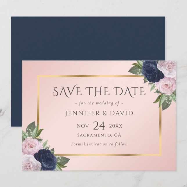 Elegant Navy Blue Gold Blush Pink Floral Save The Date (Vorne/Hinten)