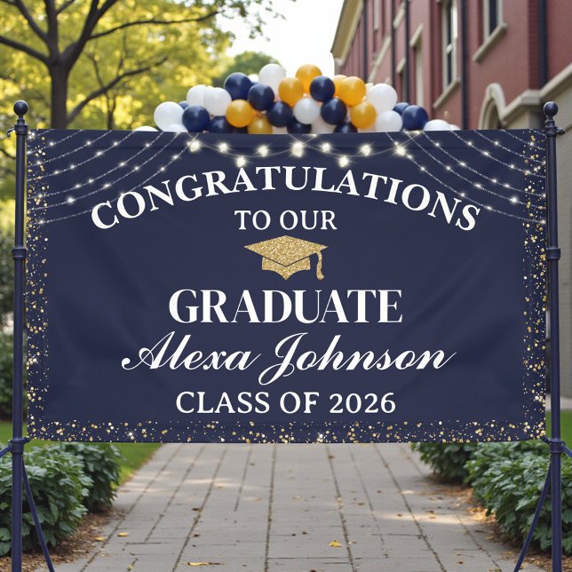 Elegant Navy Blue Gold Class Of 2026 Graduation Banner (Von Creator hochgeladen)