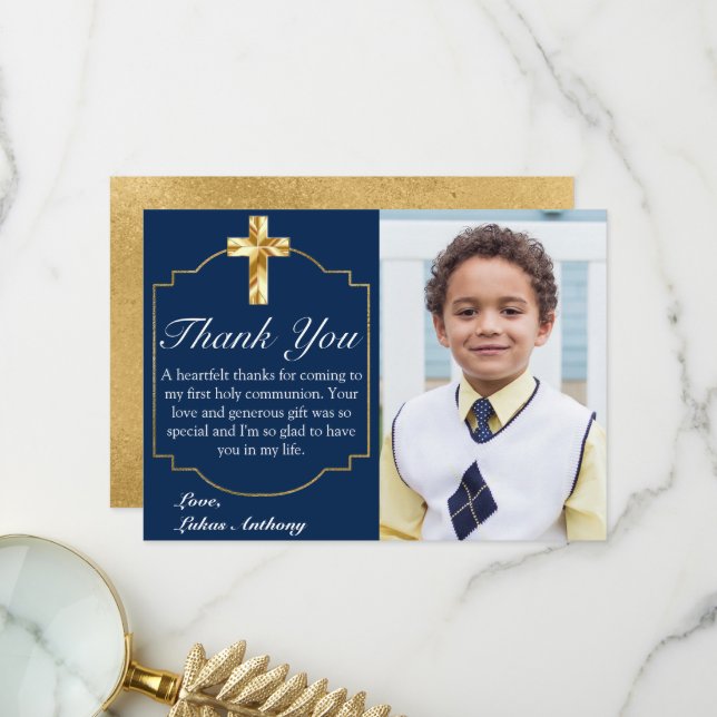 Elegant Navy Blue Gold Cross 1. Kommunion Dankeskarte (Vorderseite/Rückseite Beispiel)