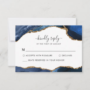 Elegant Navy Blue Gold Foil Agate Gemstone Hochzei RSVP Karte