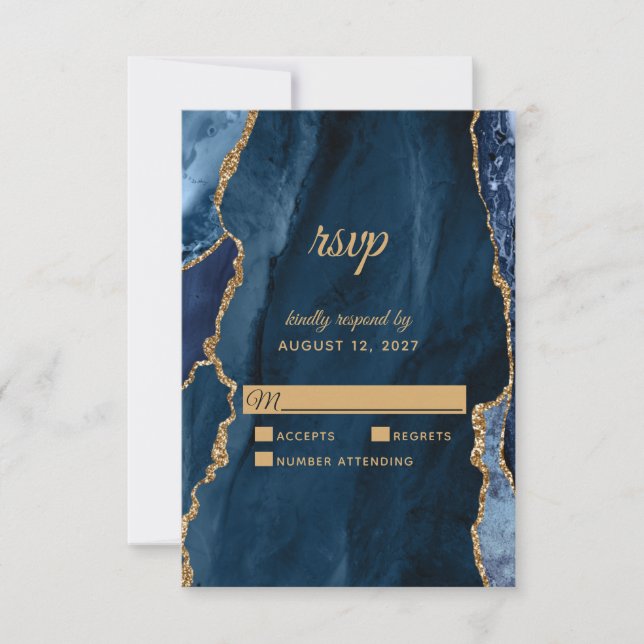 Elegant Navy Blue Gold Foil Agate Wedding RSVP Karte (Vorderseite)
