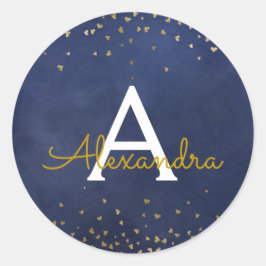 Elegant Navy Blue - Gold Foil Confetti Monogram Runder Aufkleber