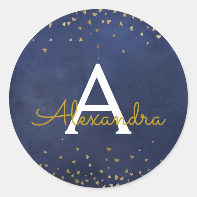 Elegant Navy Blue - Gold Foil Confetti Monogram Runder Aufkleber (Vorderseite)
