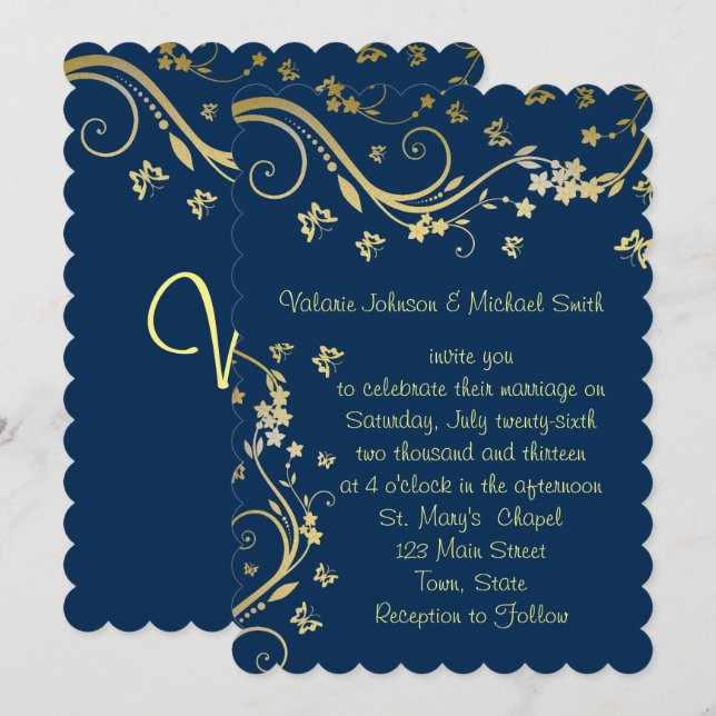 Elegant, Navy Blue, Gold Foil, Einladung zur Hochz (Vorne/Hinten)