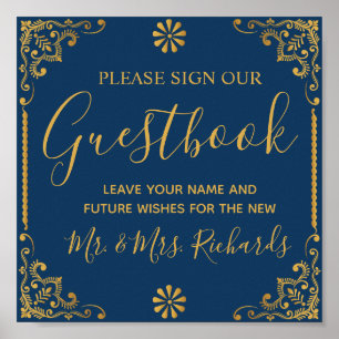 Elegant Navy Blue Gold Frame Wedding Gästebuch