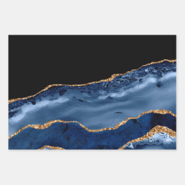 Elegant Navy Blue Gold Glitzer Marble Agate Geschenkpapier Set