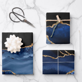 Elegant Navy Blue Gold Glitzer Marble Agate Geschenkpapier Set