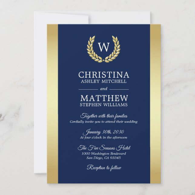 Elegant Navy Blue Gold Laurel Monogram Wedding Einladung (Vorderseite)