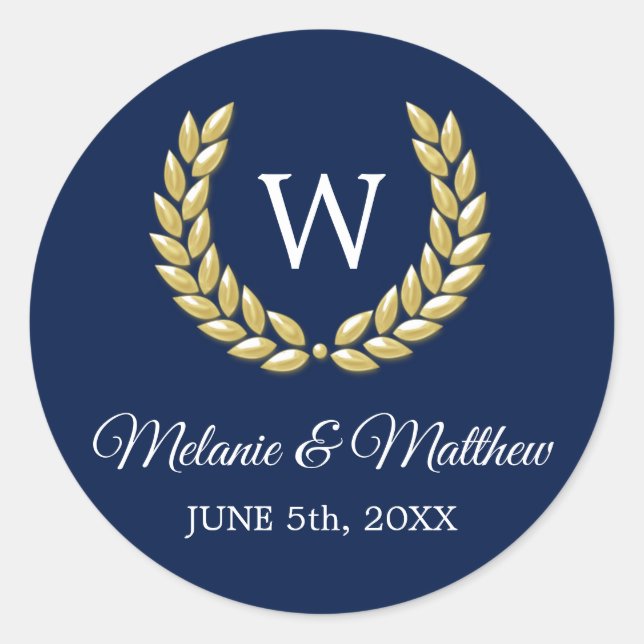 Elegant Navy Blue & Gold Laurel Monogram Wedding Runder Aufkleber (Vorderseite)