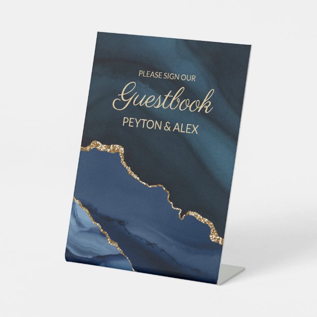Elegant Navy Blue Gold Marble Wedding Gästebuch Sockelschild (Vorderseite)
