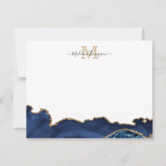 Elegant Navy Blue Gold Marmor Agate Monogram Mitteilungskarte (Vorderseite)