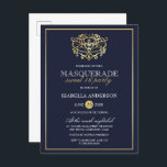 Elegant Navy Blue & Gold Masquerade Sweet 16 Party Einladungspostkarte<br><div class="desc">Elegante Navy Blue & Gold Masquerade Sweet 16 Party Postcard Einladungen. Mit einer goldenen Folienmaske aus Imitaten oben vor einem marineblau-blauen Hintergrund. Perfekt für eine moderne und dennoch schicke,  süße 16 Geburtstagsparty!</div>