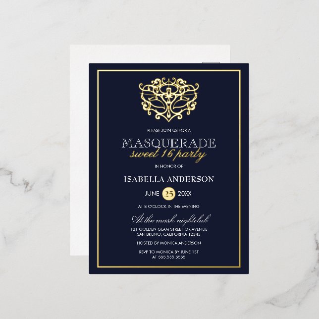 Elegant Navy Blue & Gold Masquerade Sweet 16 Party Folie Einladungspostkarte (Vorderseite/Rückseite)