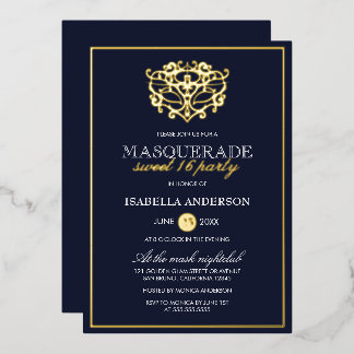 Elegant Navy Blue & Gold Masquerade Sweet 16 Party Folieneinladung