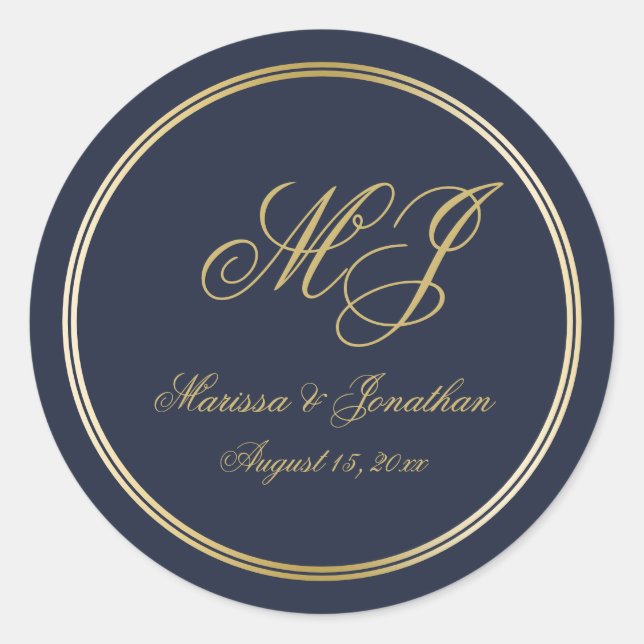 Elegant Navy Blue Gold Monogram Script Wedding Runder Aufkleber (Vorderseite)