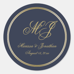 Elegant Navy Blue Gold Monogram Script Wedding Runder Aufkleber