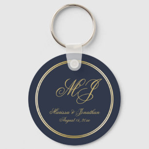 Elegant Navy Blue Gold Monogram Script Wedding Schlüsselanhänger