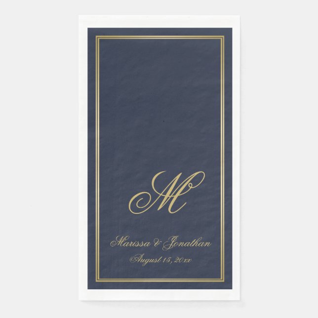 Elegant Navy Blue Gold Monogram Script Wedding Serviette (Vorderseite)