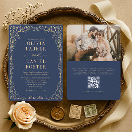 Elegant Navy Blue Gold QR Code Photo Wedding Einladung