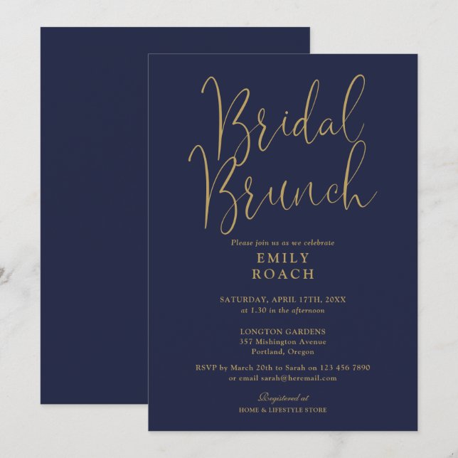 Elegant Navy Blue Gold Script Bridal Bunch Dusche Einladung (Vorne/Hinten)