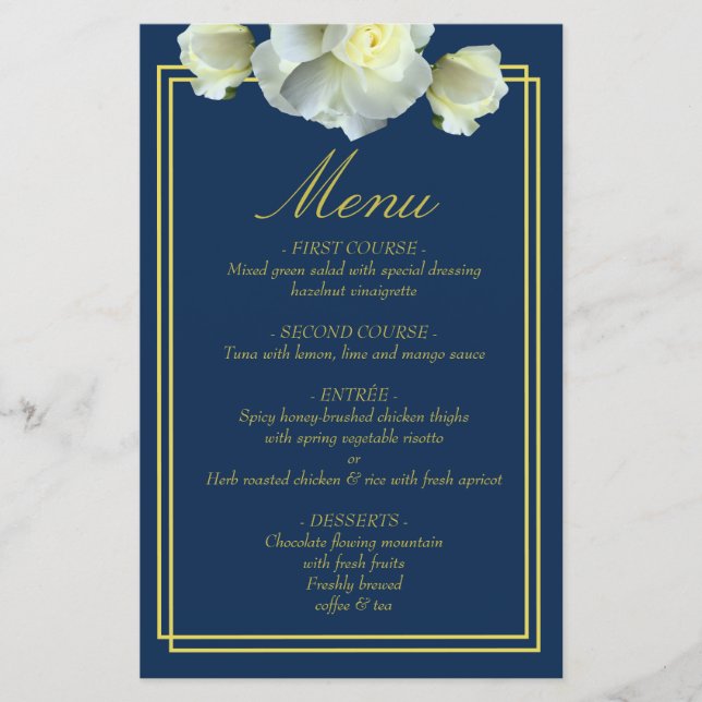 Elegant Navy Blue Gold Script Menu Dbl Frame Card (Devant)