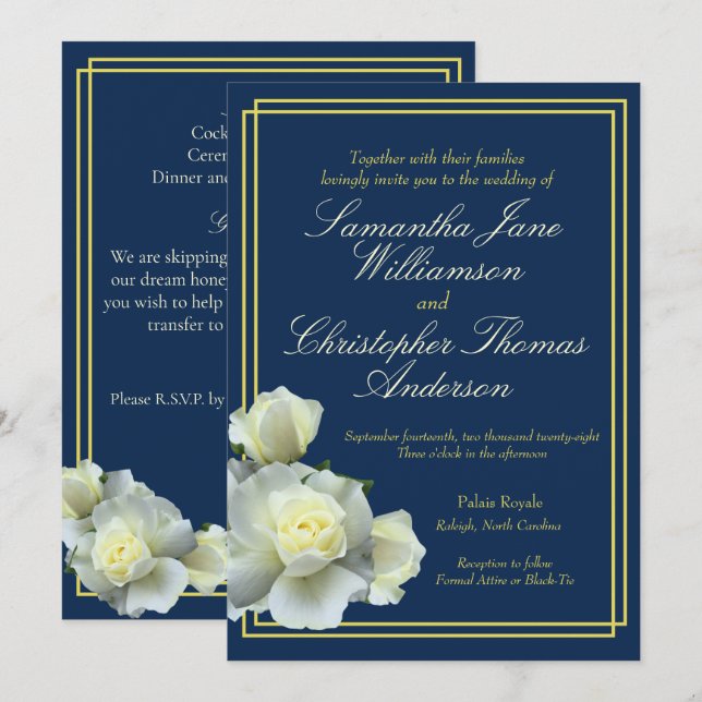 Elegant Navy Blue Gold Script White Rose Hochzeit Einladung (Vorne/Hinten)