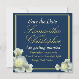Elegant Navy Blue Gold Script White Rose Hochzeit Save The Date
