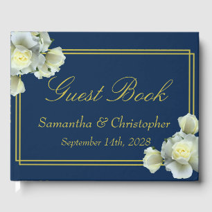 Elegant Navy Blue Gold Script White Roses Hochzeit Gästebuch