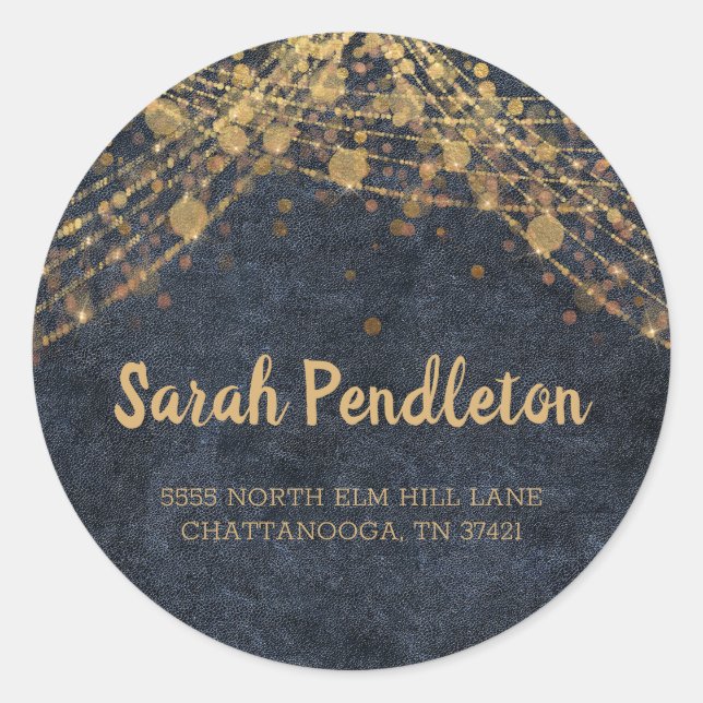 Elegant Navy Blue Gold String Lights Bokeh-Adresse Runder Aufkleber (Vorderseite)