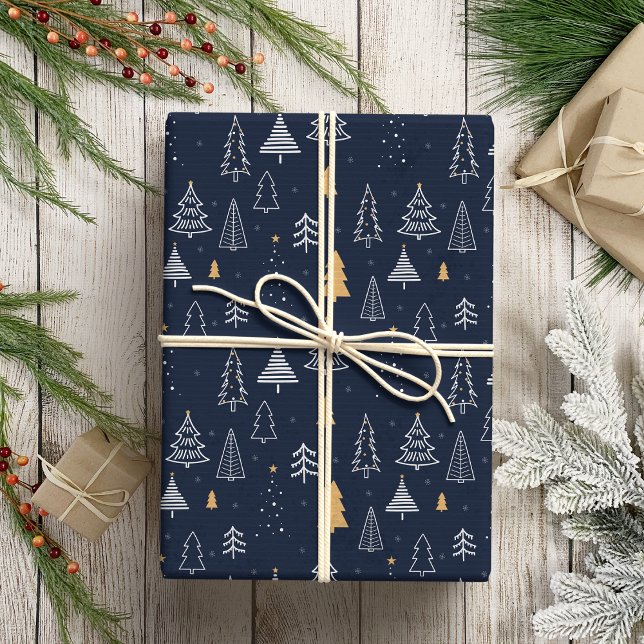 Elegant Navy Blue & Gold Tree Weihnachten Geschenkpapier (Von Creator hochgeladen)