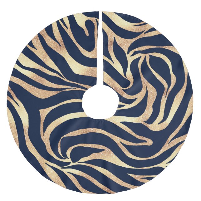 Elegant Navy Blue Gold Zebra Print Polyester Weihnachtsbaumdecke (Vorderseite)