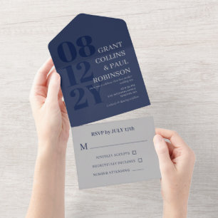 Elegant Navy Blue Gray Typografy Wedding All In One Einladung