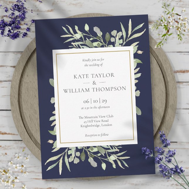 Elegant Navy Blue Greenerity Blätter Hochzeit Einladung (Elegant Navy Blue Greenery Leaves Wedding Invitation)