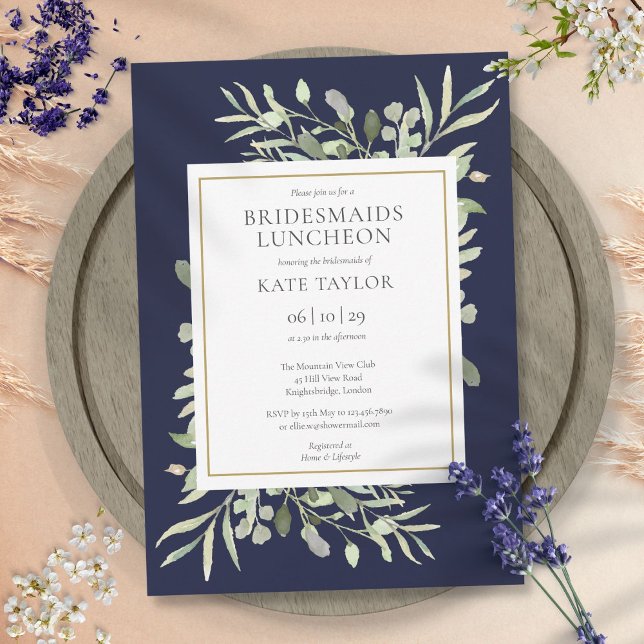 Elegant Navy Blue Greenery Bridesmaids Luncheon Einladung (Elegant Navy Blue Greenery Bridesmaids Luncheon Invitation)