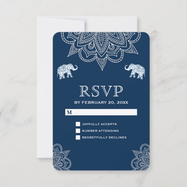 Elegant Navy Blue Henna Indian Wedding RSVP (Vorderseite)