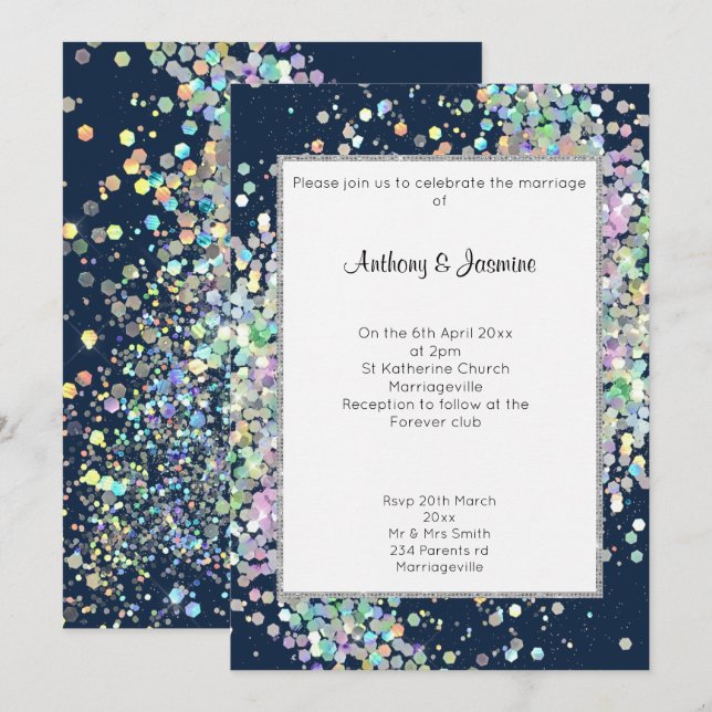 ELEGANT NAVY BLUE HOLOGRAPHIC PASTEL WEDING EINLADUNG (Vorne/Hinten)