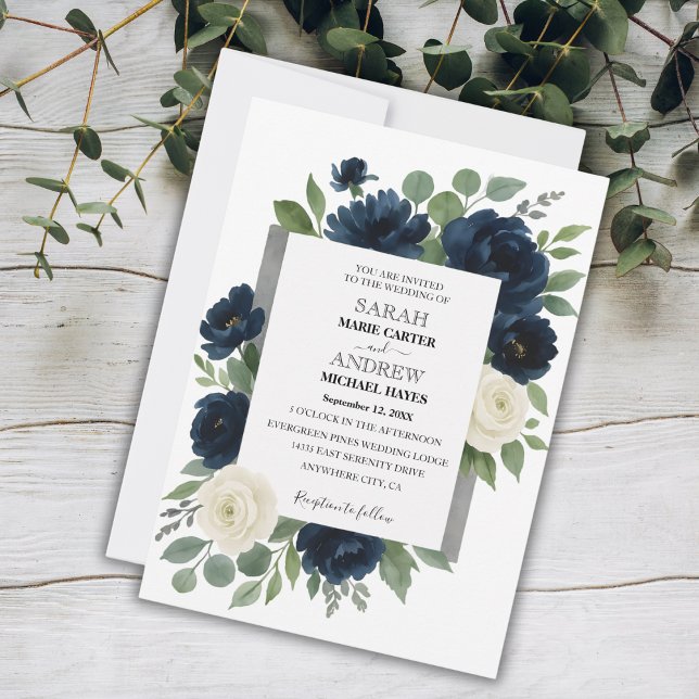 Elegant Navy Blue & Ivory Floral Wedding Einladung (Elegant Navy Blue & Ivory Floral Wedding Invitation)