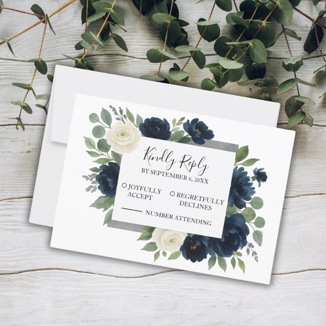 Elegant Navy Blue & Ivory Floral Wedding RSVP Karte (Elegant Navy Blue & Ivory Floral Wedding RSVP Card)