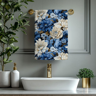 Elegant Navy Blue Ivory Gold Floral Bath Towel Badhandtuch Set