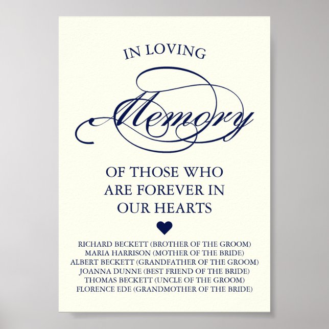 Elegant Navy Blue & Ivory Script Wedding Memorial Poster (Vorne)