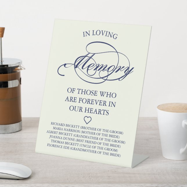 Elegant Navy Blue & Ivory Script Wedding Memorial Sockelschild (In SItu)