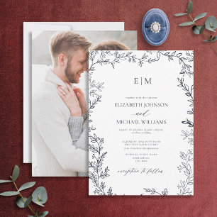 Elegant Navy Blue Leaf Foto Monogram Wedding Einladung