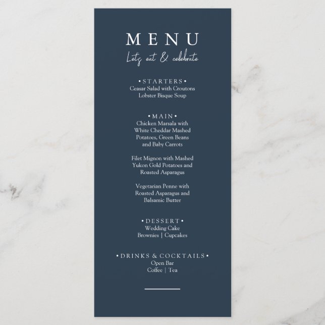 Elegant Navy Blue Let's Eat Calligraphy Wedding Menükarte (Vorderseite)