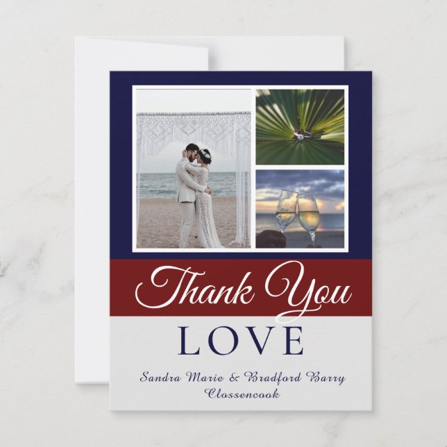 Elegant Navy Blue Maroon Hochzeit Foto Collage Dankeskarte (Vorderseite)