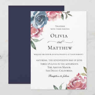 Elegant Navy Blue Mauve Botanical Wedding Einladung