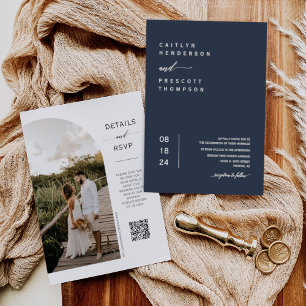 Elegant Navy Blue Minimal Foto QR Code Wedding I Einladung