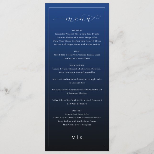 Elegant Navy Blue Minimalist Wedding Menu Menükarte (Vorderseite)
