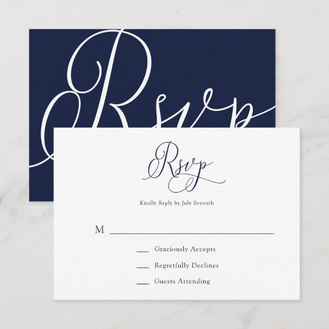 Elegant Navy Blue Minimalistisch Wedding RSVP Card (Vorne/Hinten)