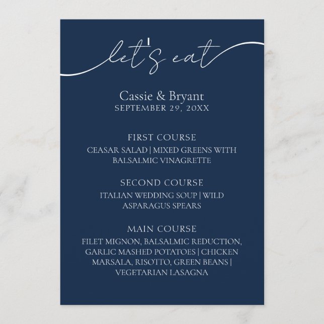 Elegant Navy Blue Modern Script Menu Mariage (Devant)
