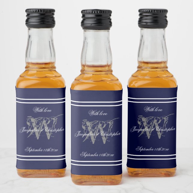 Elegant Navy Blue Monogram Chic Wedding Mini Alkoholflaschenetikett (Flaschen)